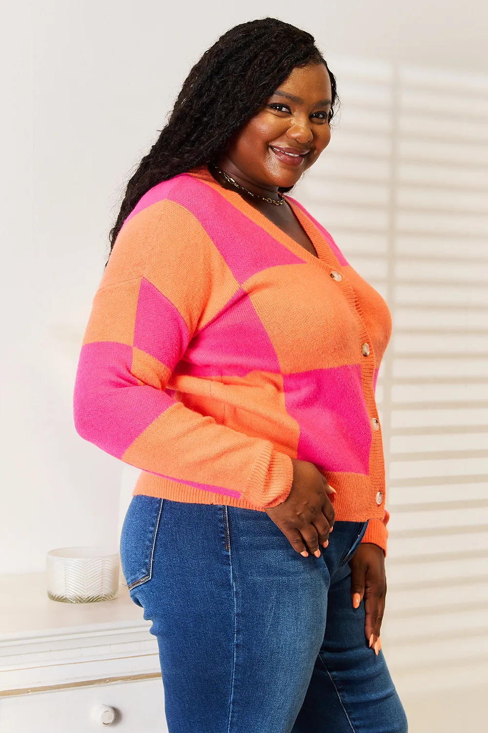 Checkered V-Neck Dropped Shoulder Cardigan, image 6