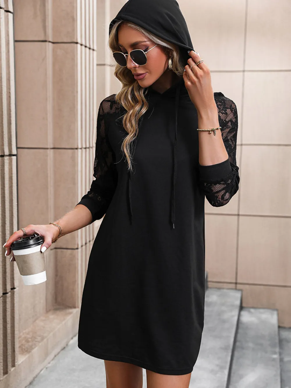Lace Trim Long Sleeve Hooded Dress, image 2