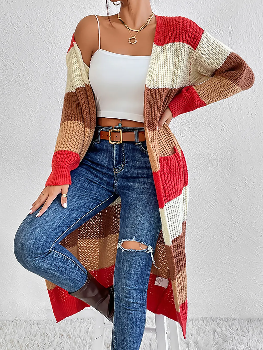 Color Block Open Front Longline Cardigan, image 3