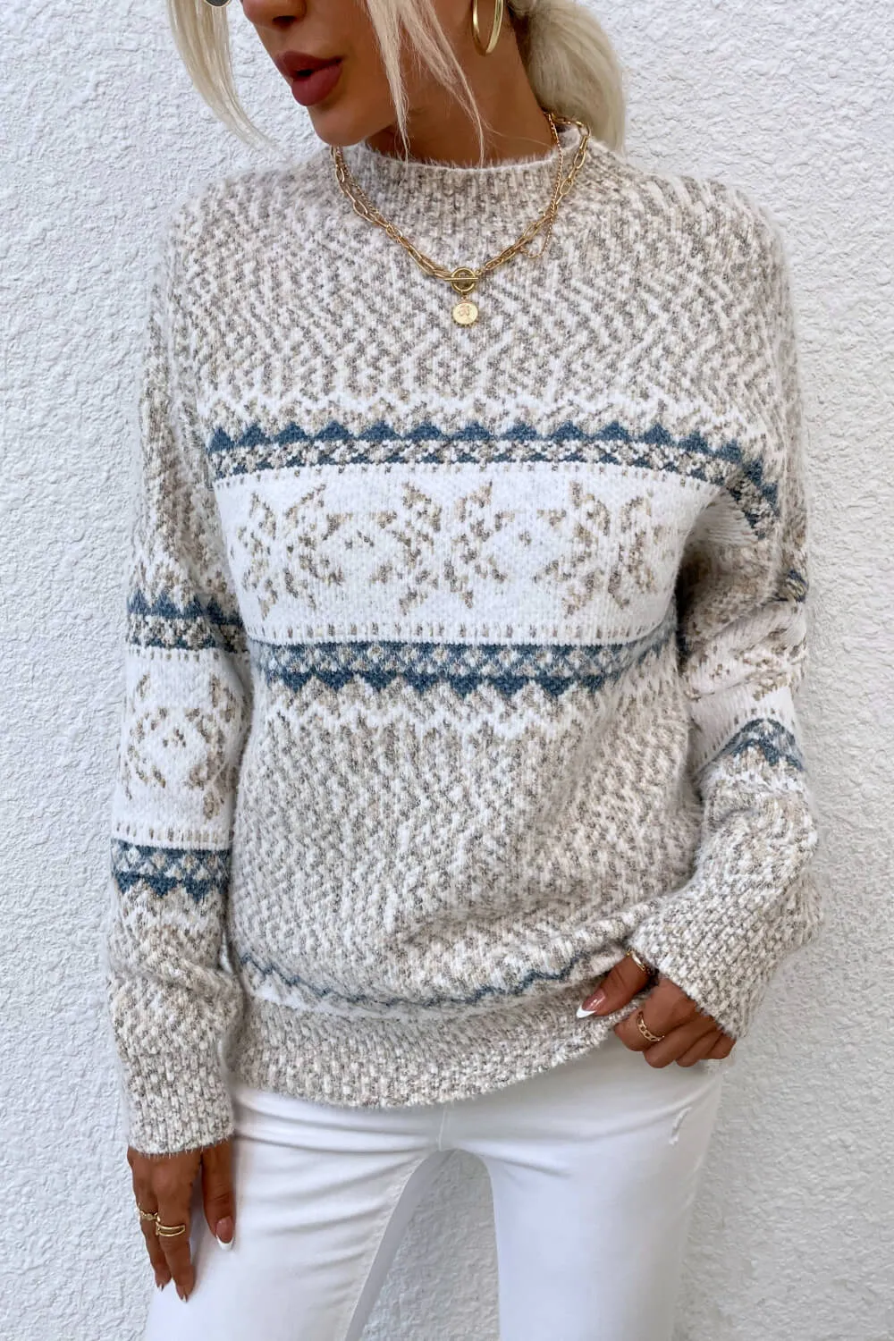 Snowflake Pattern Mock Neck Sweater, image 9