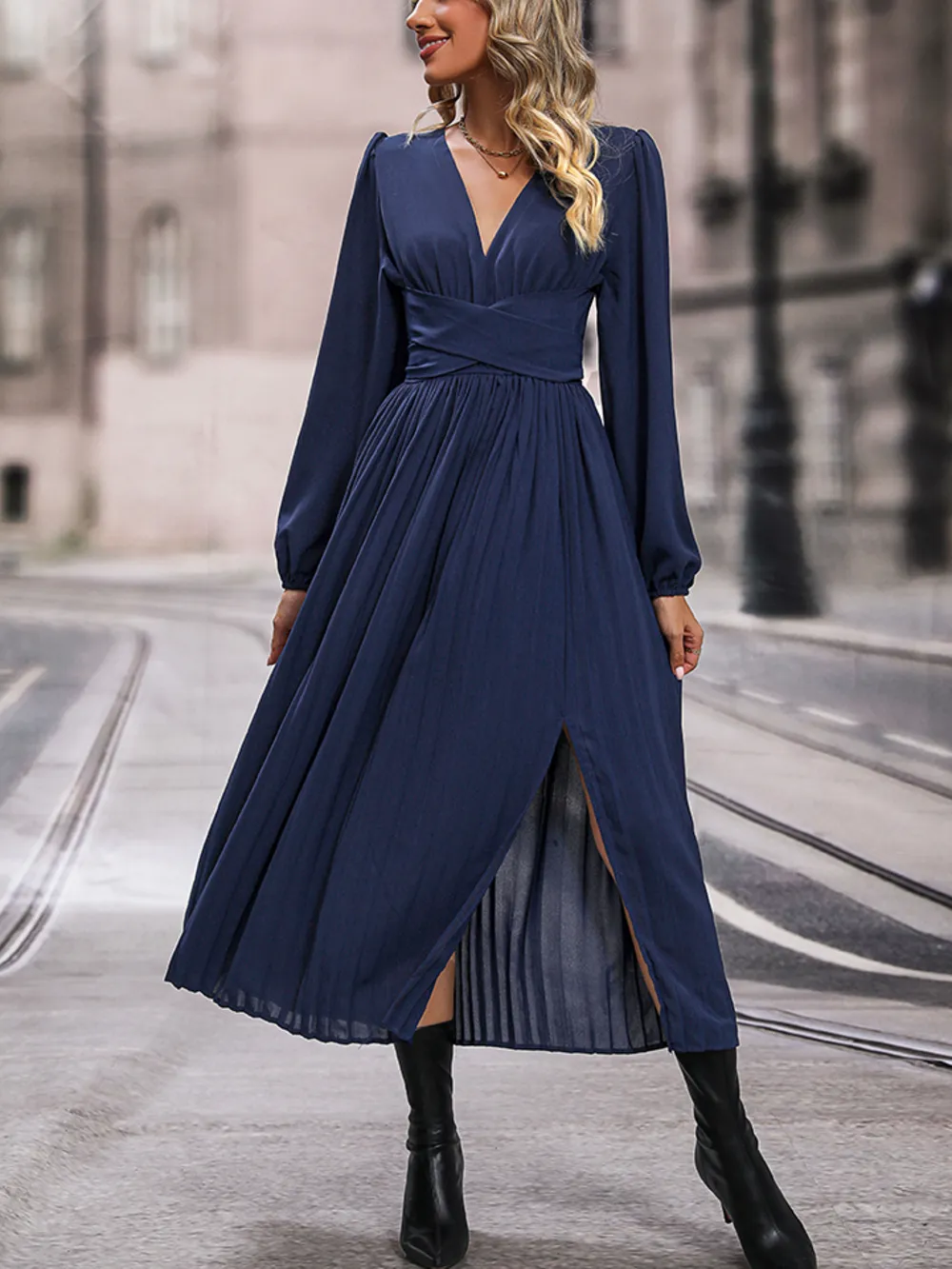 V-Neck Long Sleeve Pleated Slit Dress, image 3