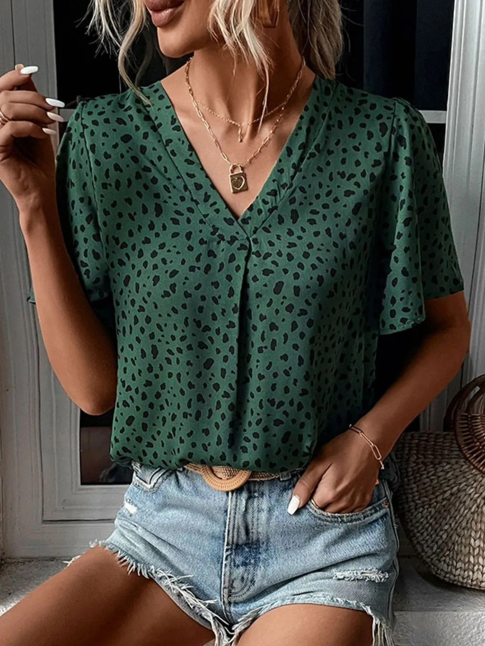 Animal Print V-Neck Flutter Sleeve Blouse, image 2