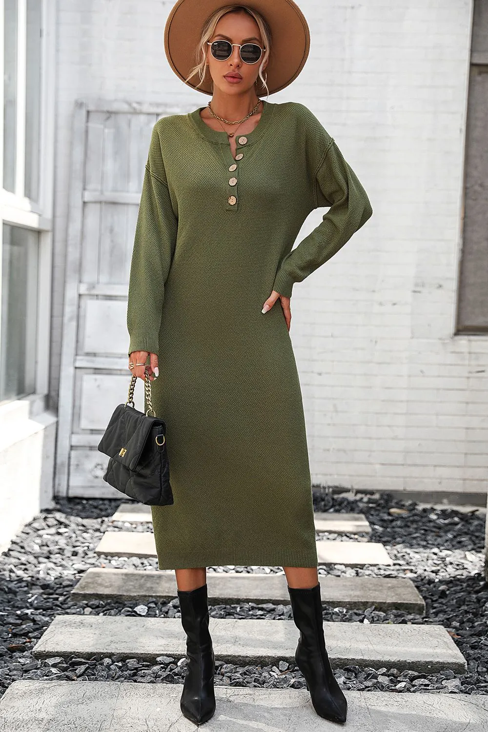 Notched Neck Dropped Shoulder Button-Down Midi Dress, image 9