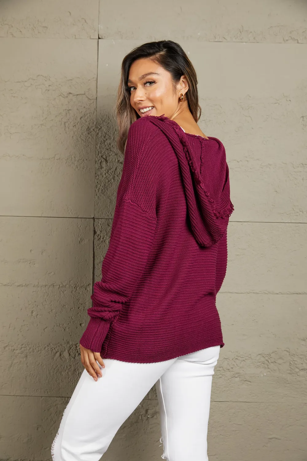 Horizontal Ribbing Fringe Trim Hooded Sweater, image 4