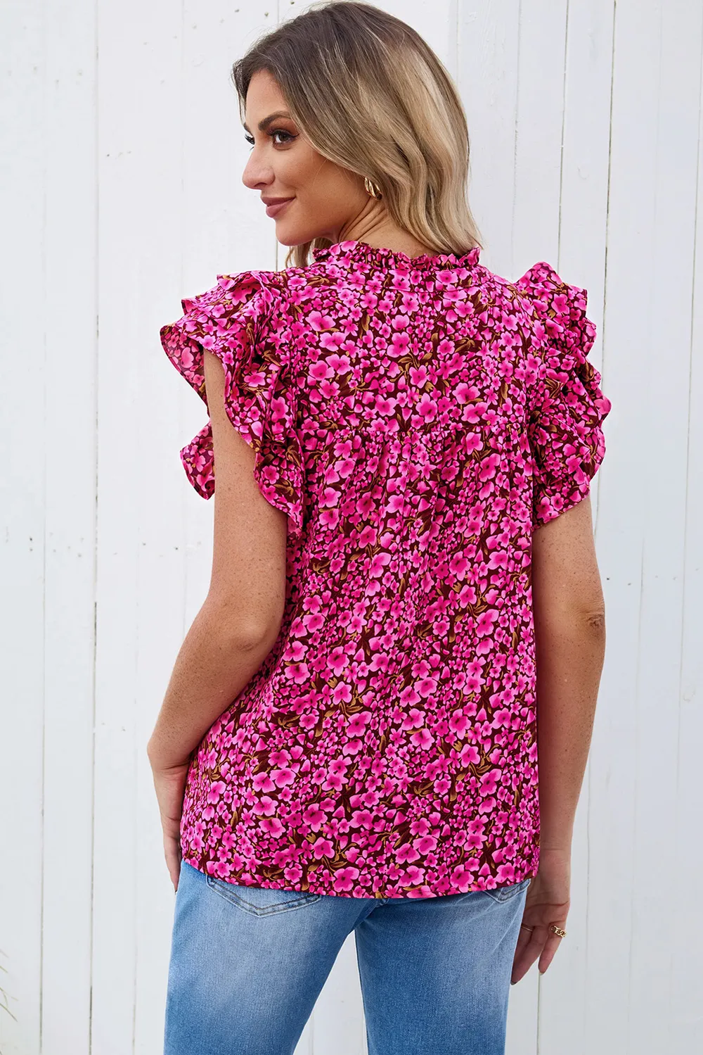 Floral Flutter Sleeve Notched Neck Blouse, image 7