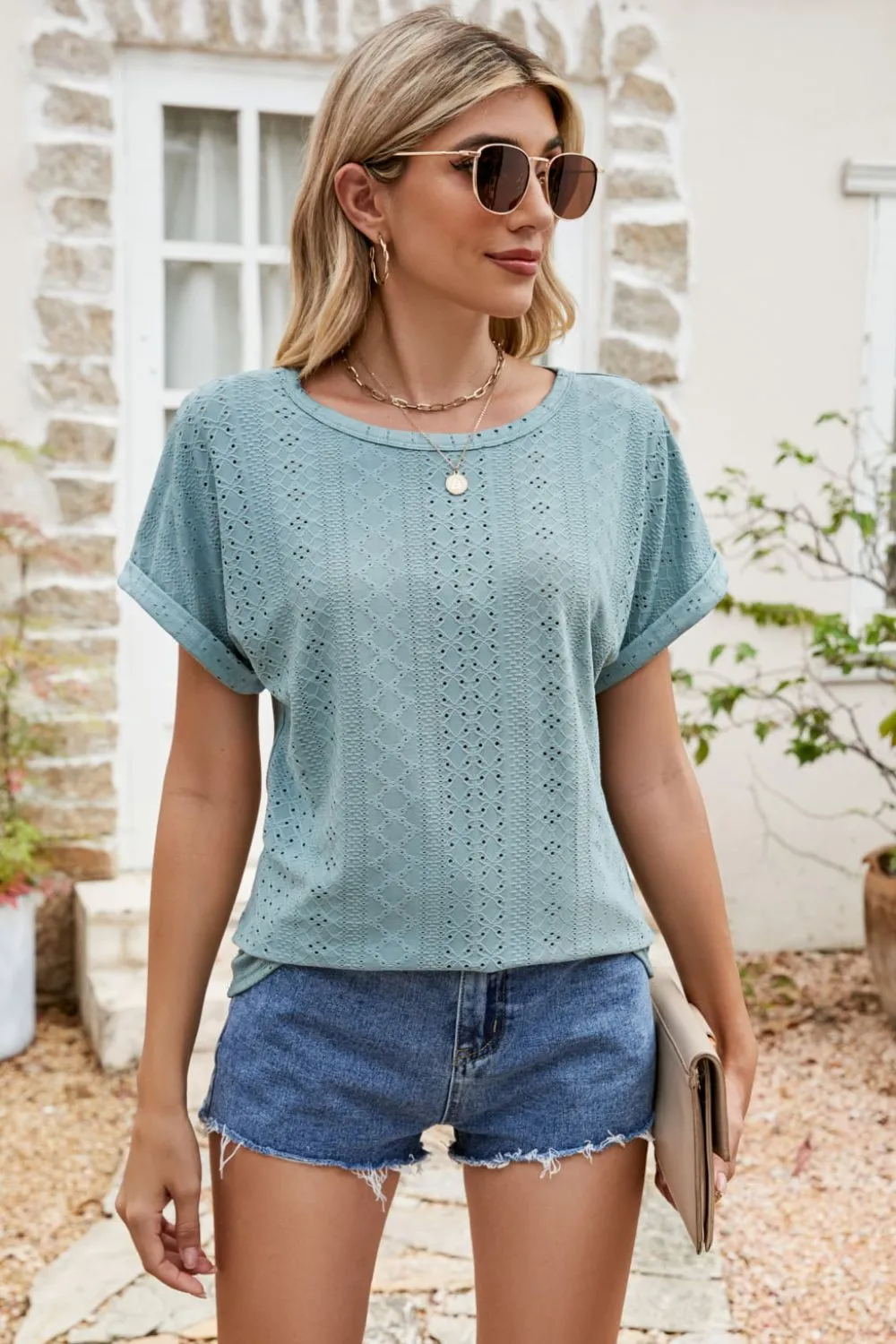Full Size Round Neck Eyelet Short Sleeve Top, image 4