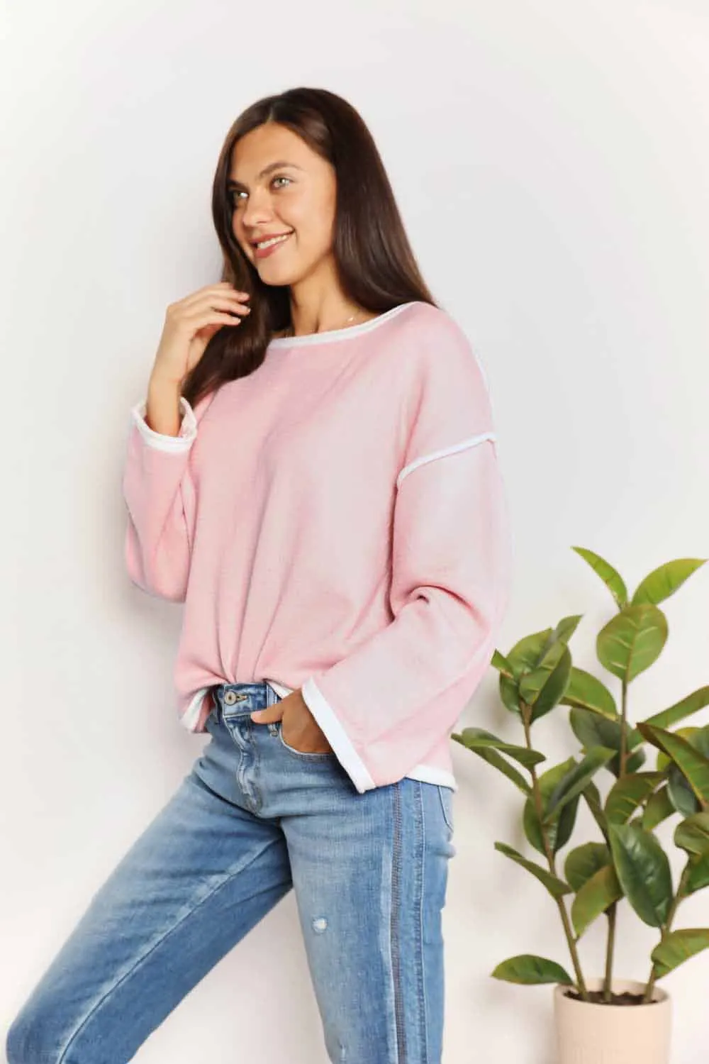 Contrast Detail Dropped Shoulder Knit Top, image 5