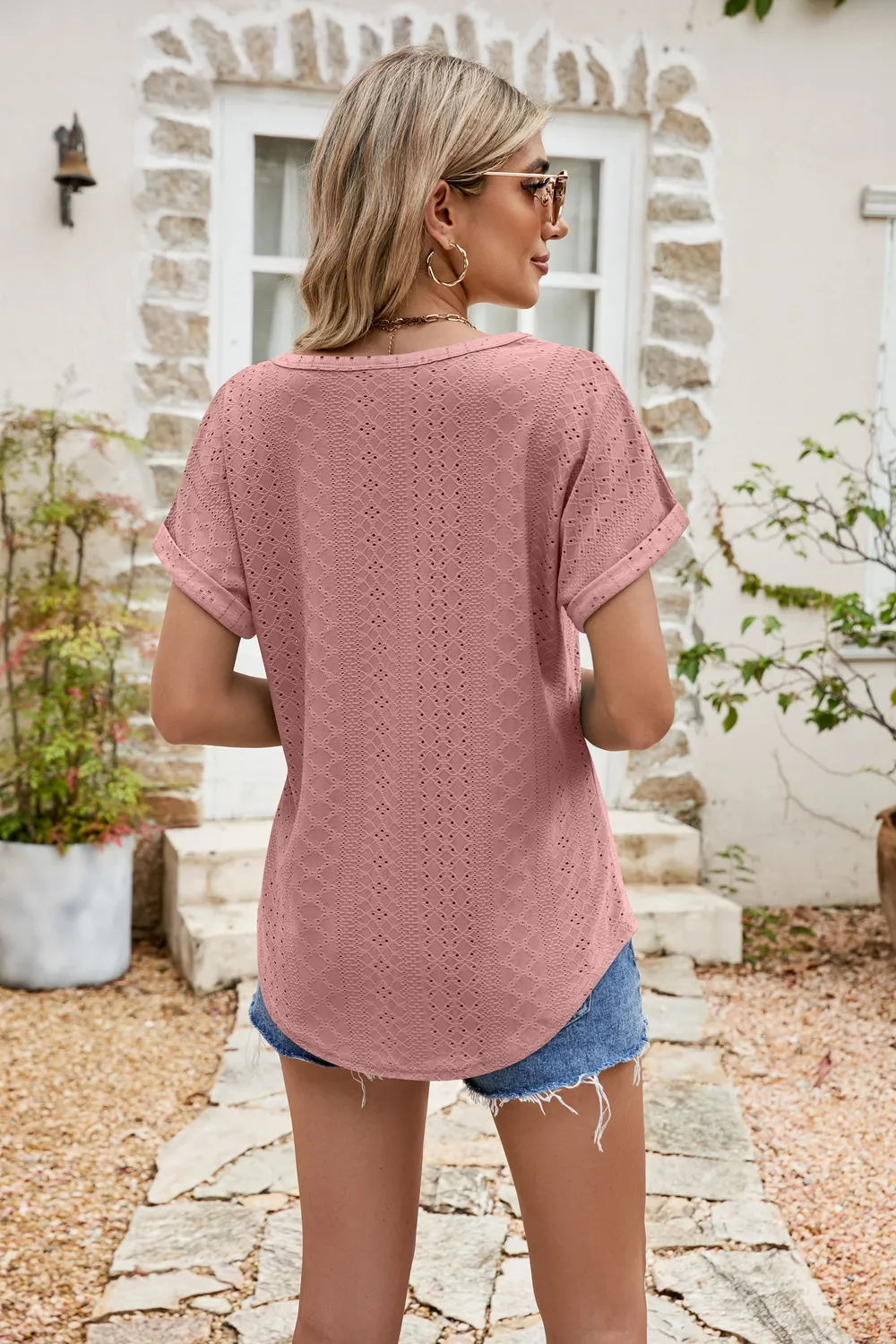 Full Size Round Neck Eyelet Short Sleeve Top, image 24
