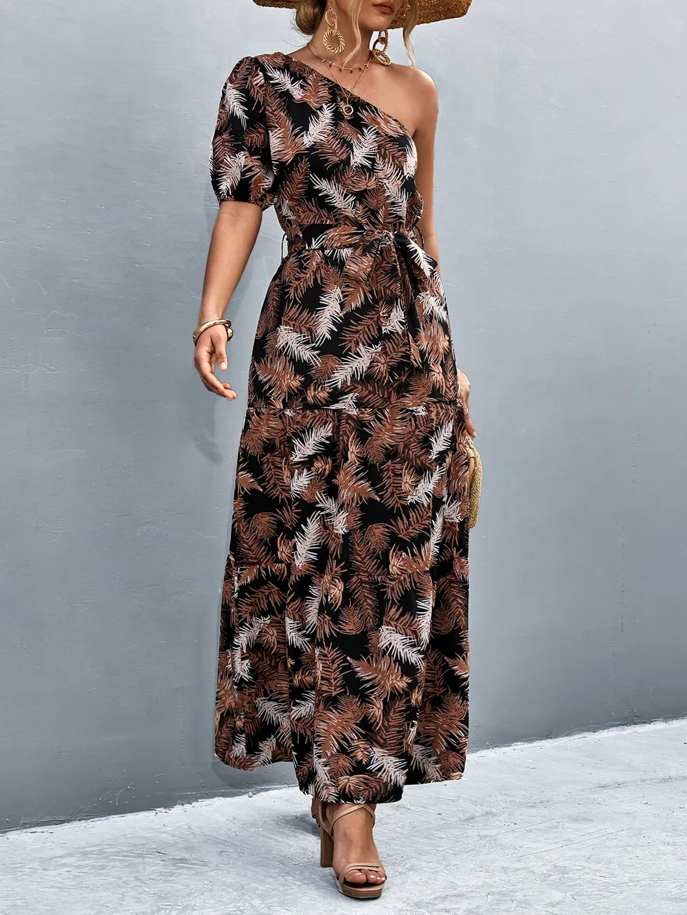 Printed Tie Waist One Shoulder Maxi Dress, image 5