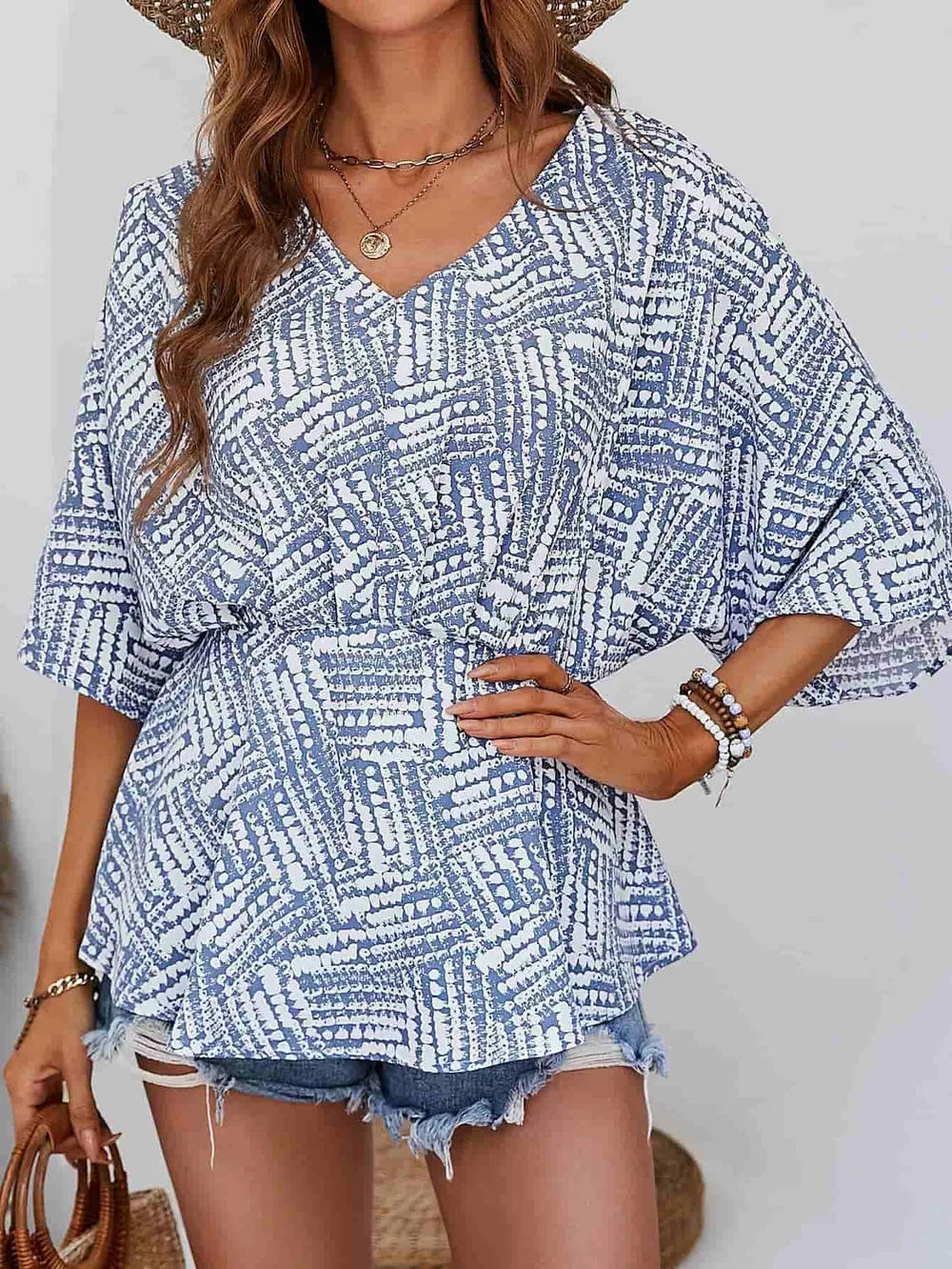 Printed V-Neck Dolman Sleeve Blouse, image 10