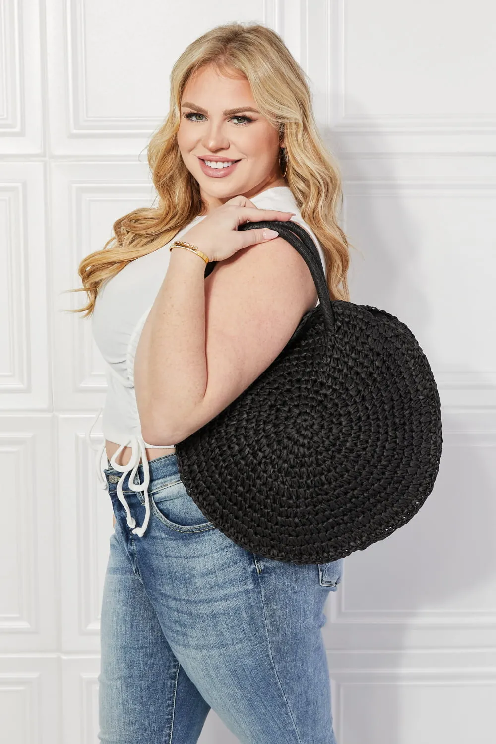 Beach Date Straw Rattan Handbag in Black, image 2