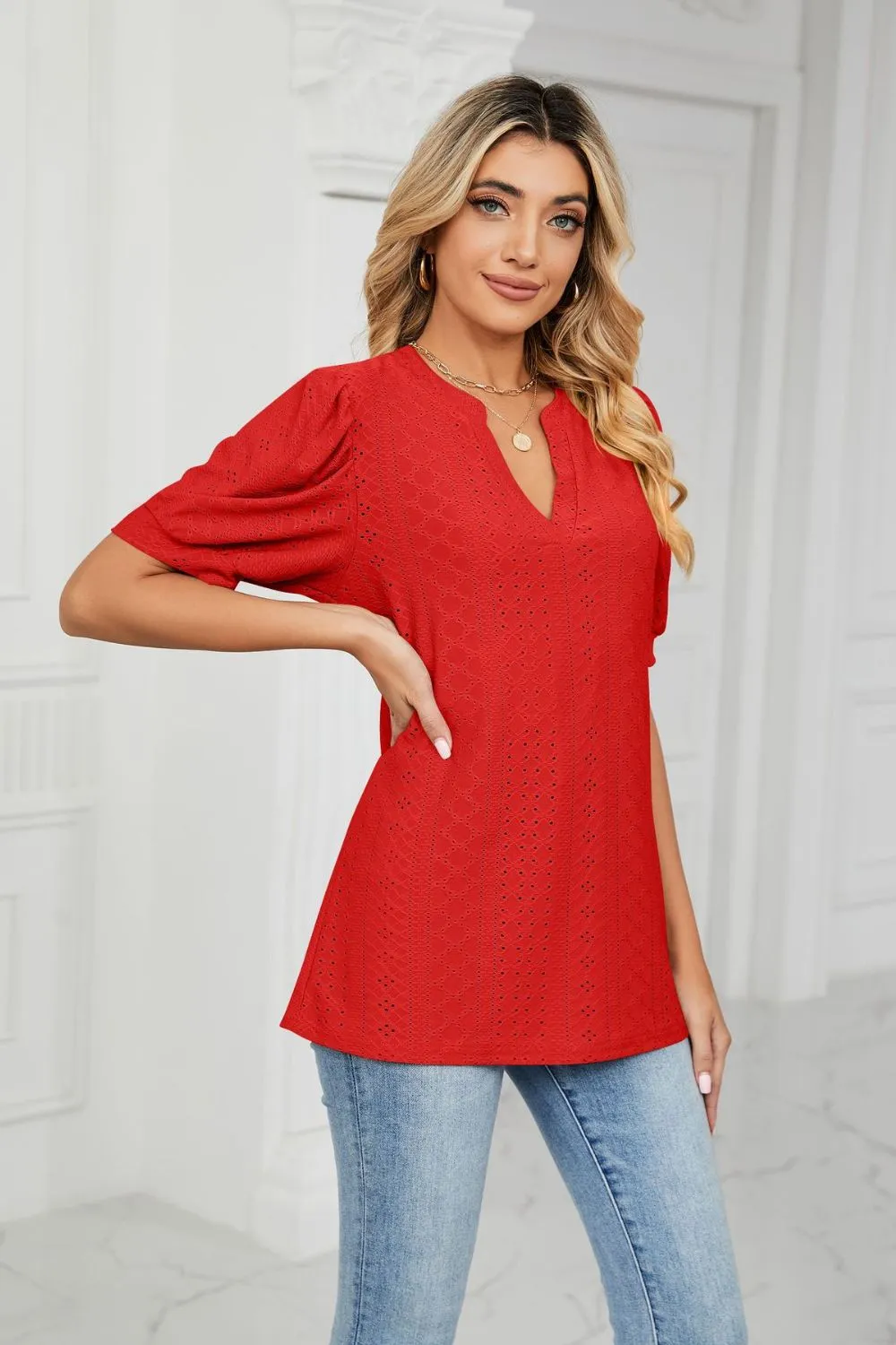 Eyelet Short Puff Sleeve Notched Neck Top, image 36