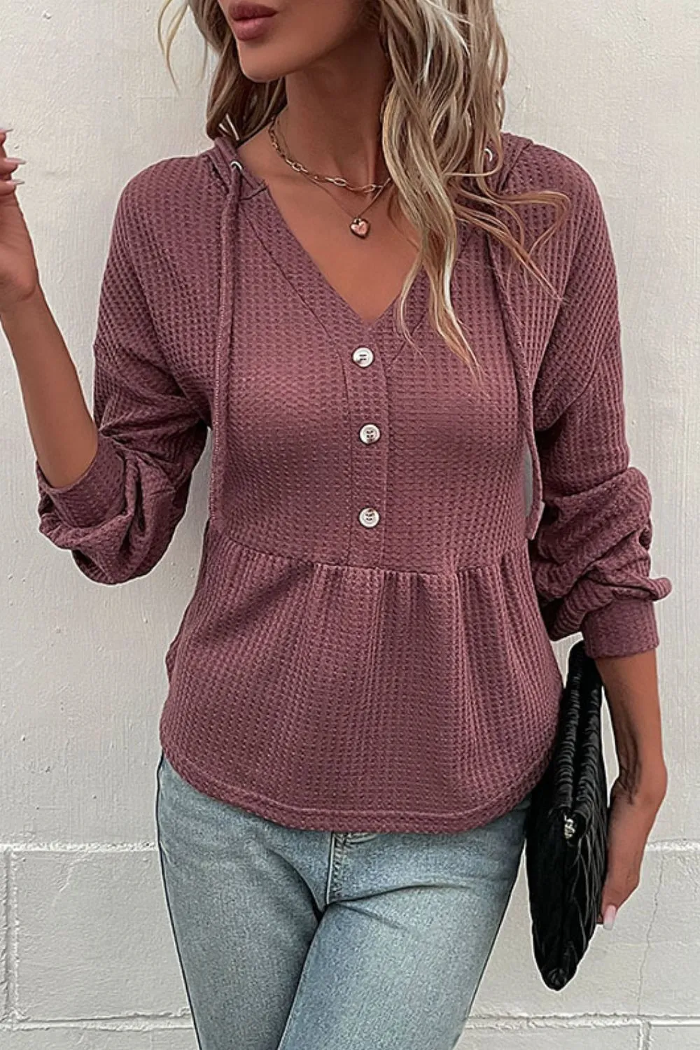 Waffle-Knit Buttoned Drop Shoulder Hoodie, image 4