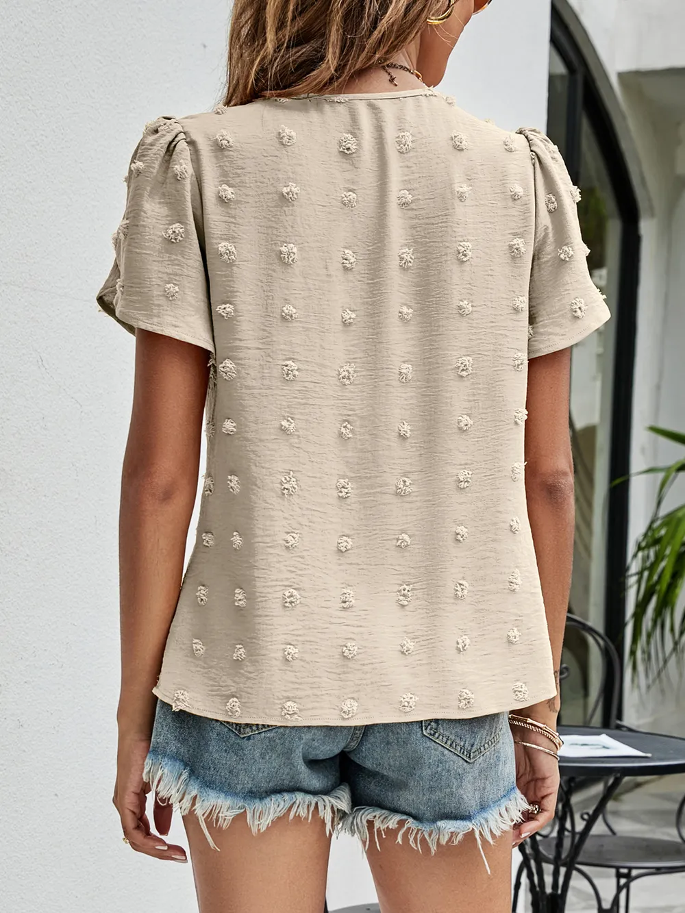 Swiss Dot Round Neck Petal Sleeve Top, image 12