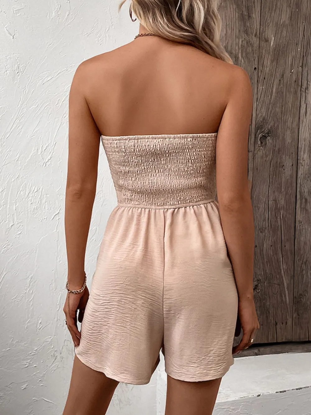 Decorative Button Smocked Strapless Romper, image 4