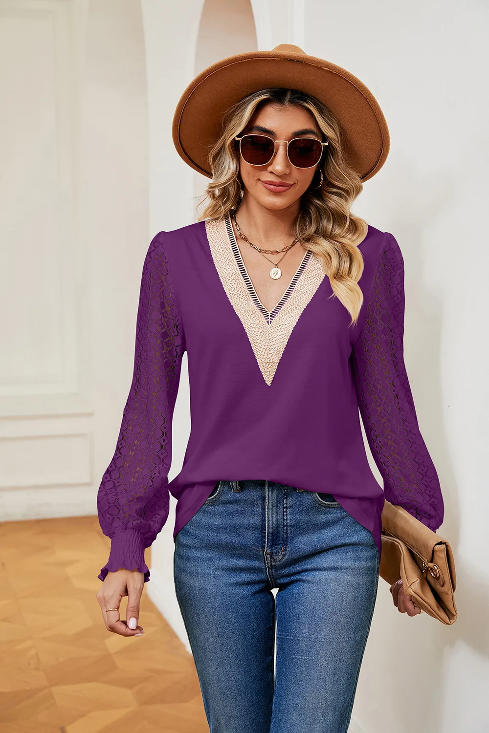 Contrast V-Neck Long Sleeve Blouse, image 8