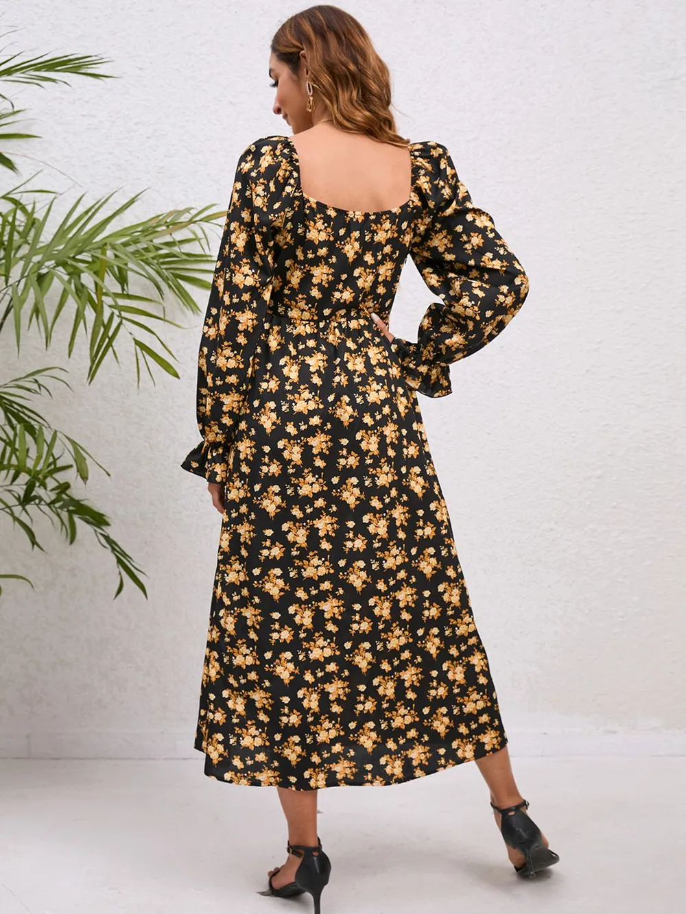 Flounce Sleeve Slit Midi Dress, image 2