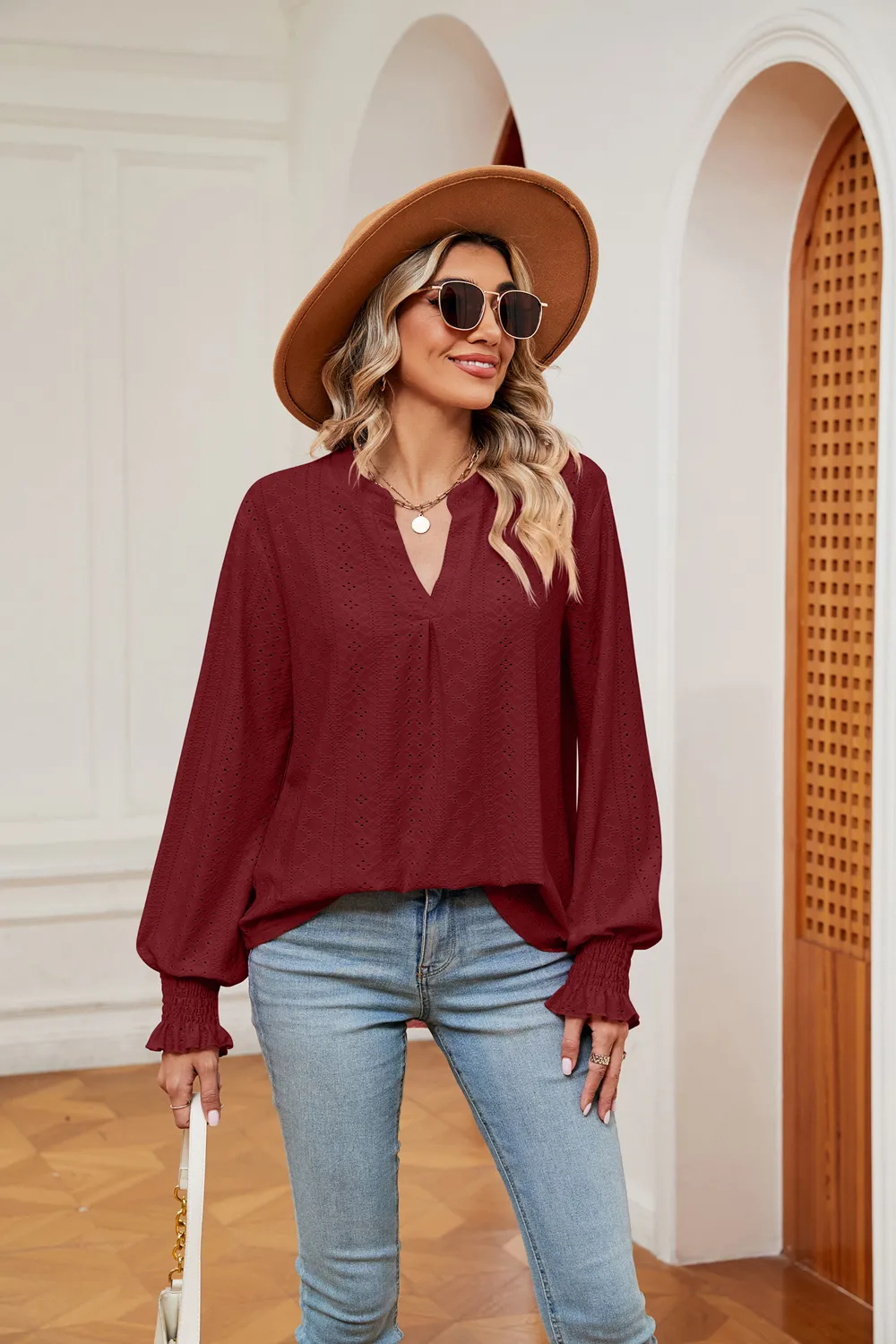 Notched Neck Flounce Sleeve Blouse, image 18