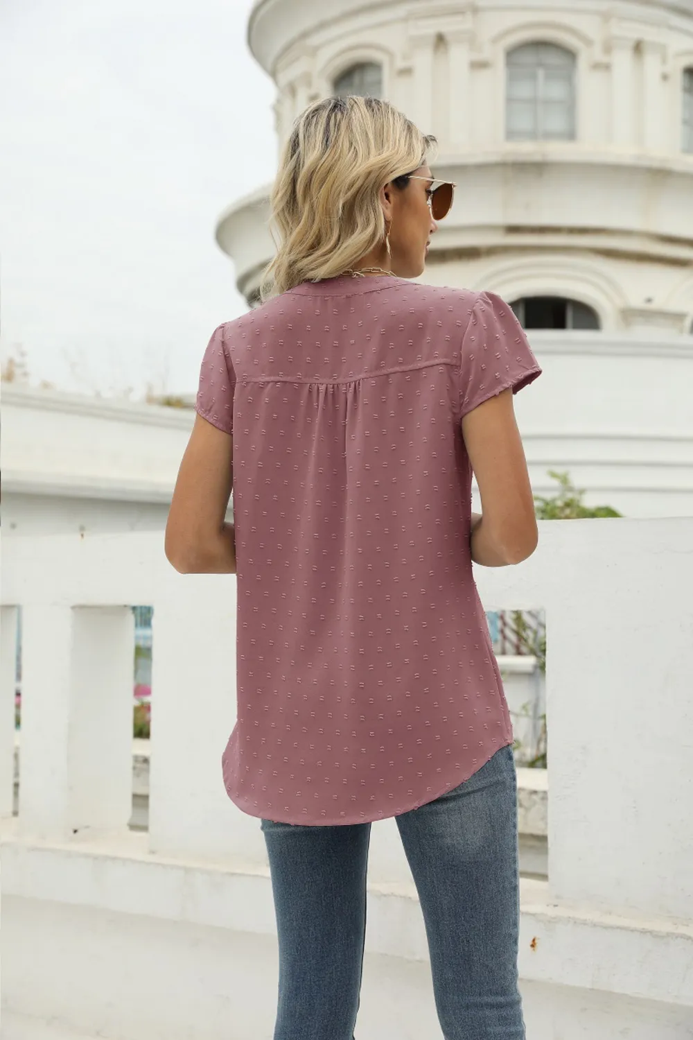 Swiss Dot Notched Neck Short Sleeve Top, image 32
