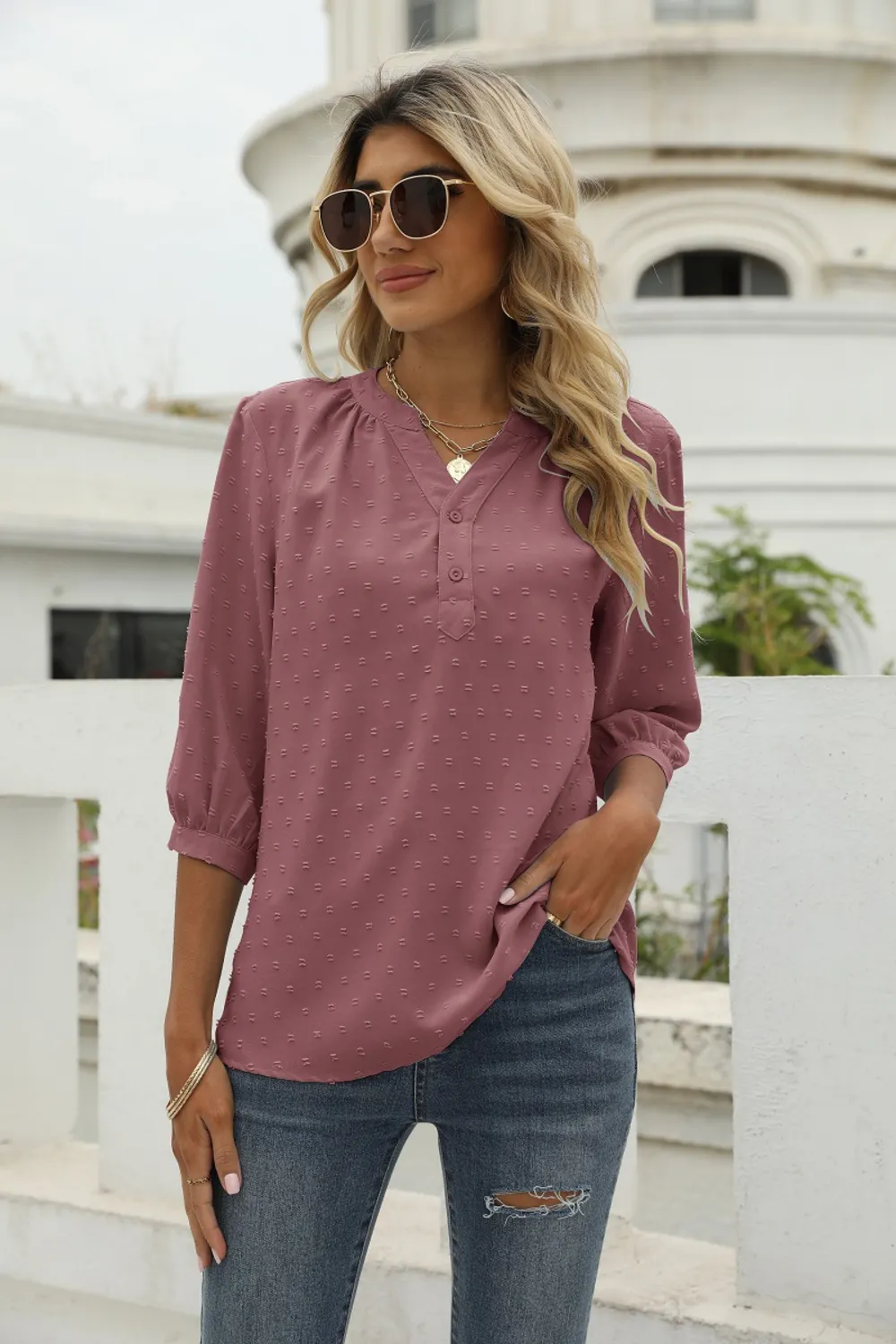 Swiss Dot Notched Neck Three-Quarter Sleeve Blouse, image 21