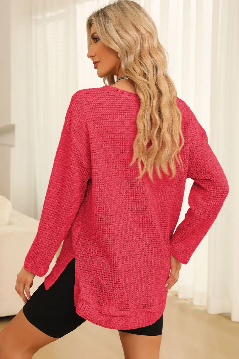 Waffle-Knit Round Neck Long Sleeve Sweatshirt, image 9