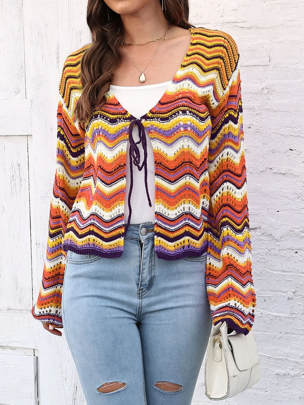 Striped Openwork Tied Cardigan, image 5