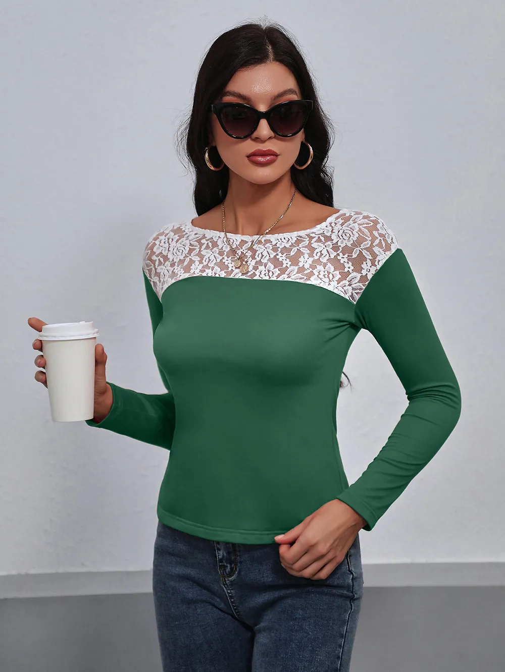 Lace Trim Long Sleeve Round Neck Tee, image 11