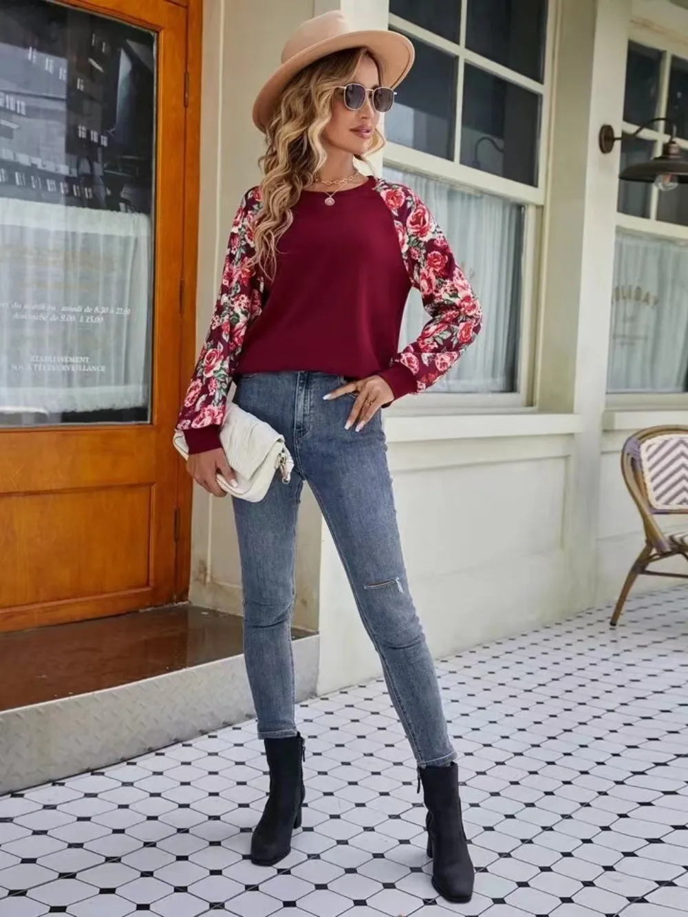 Floral Raglan Sleeve Round Neck Sweatshirt, image 2