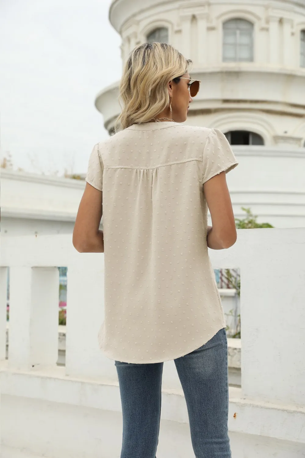Swiss Dot Notched Neck Short Sleeve Top, image 29