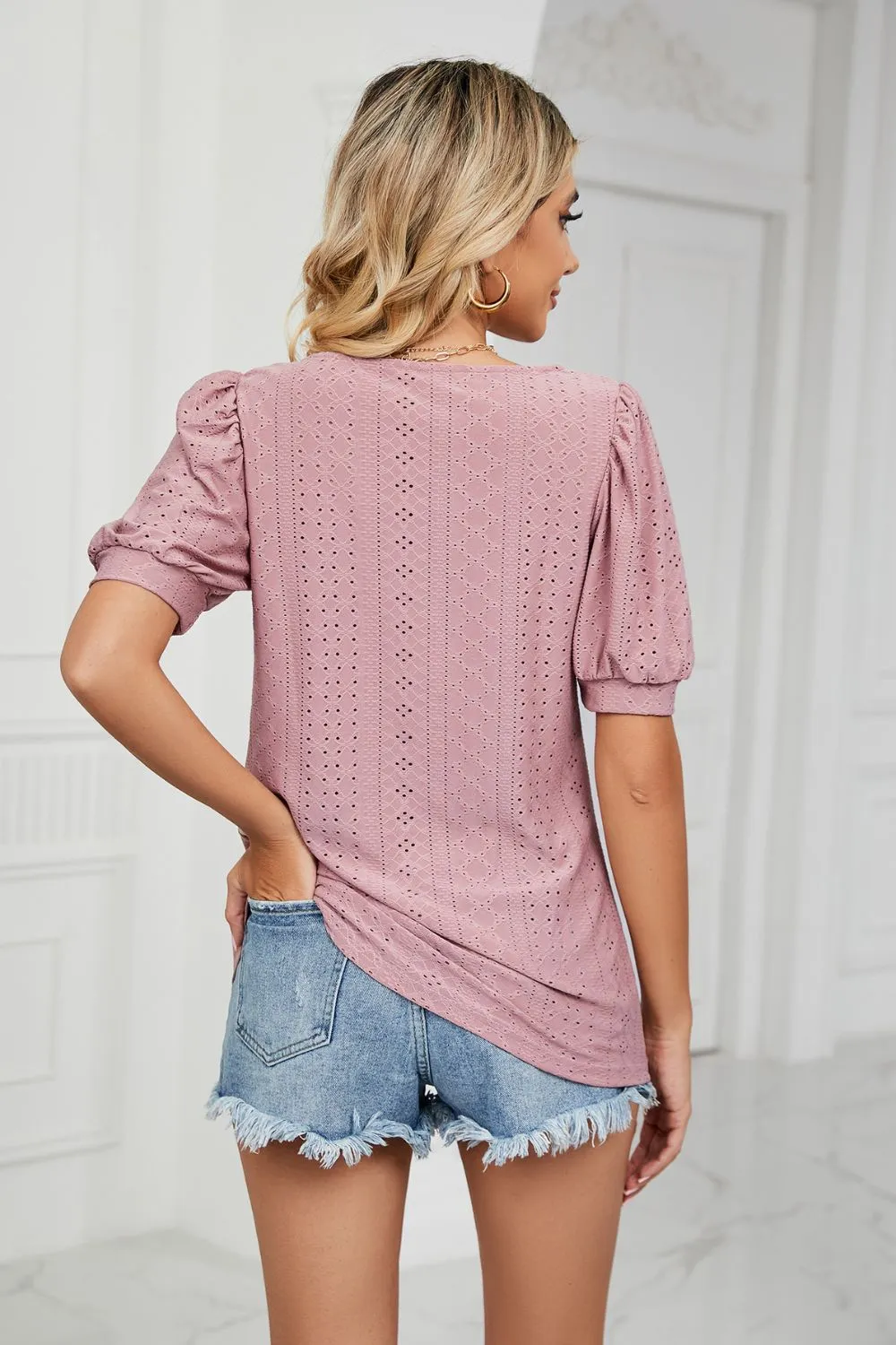 Eyelet Puff Sleeve Round Neck Top, image 7