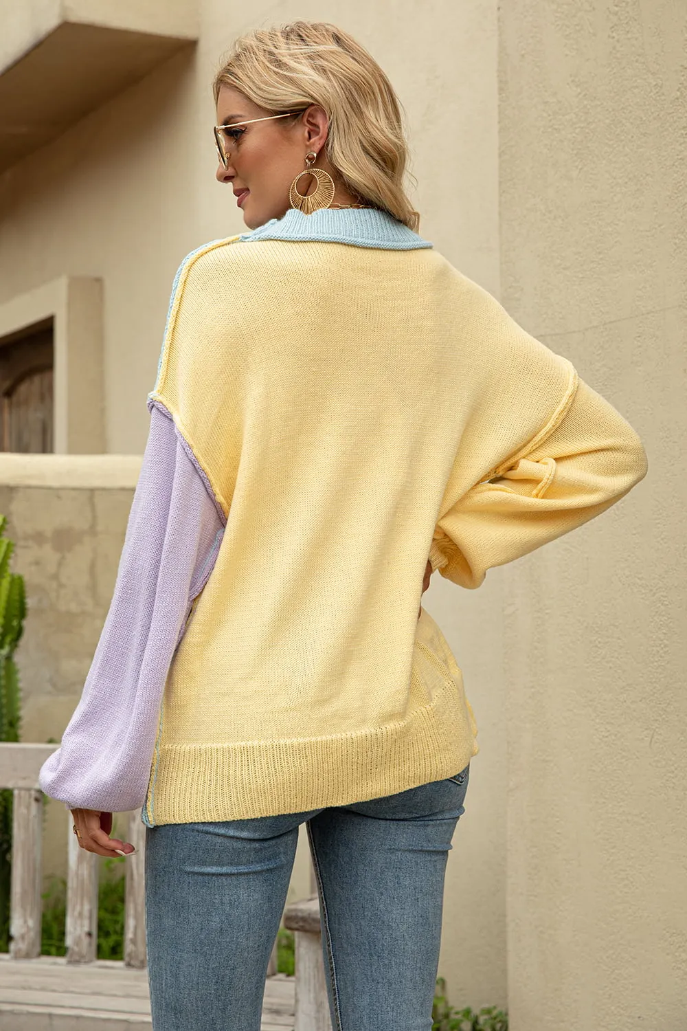 Color Block Round Neck Dropped Shoulder Sweater, image 9