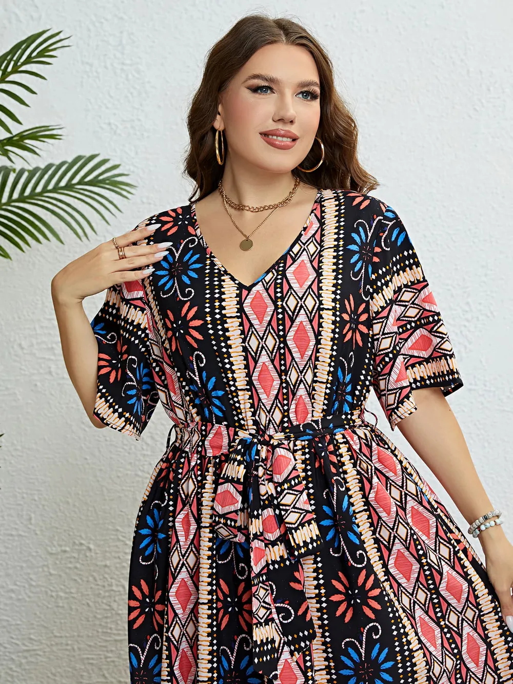 Plus Size Bohemian V-Neck Tie Belt Midi Dress, image 6