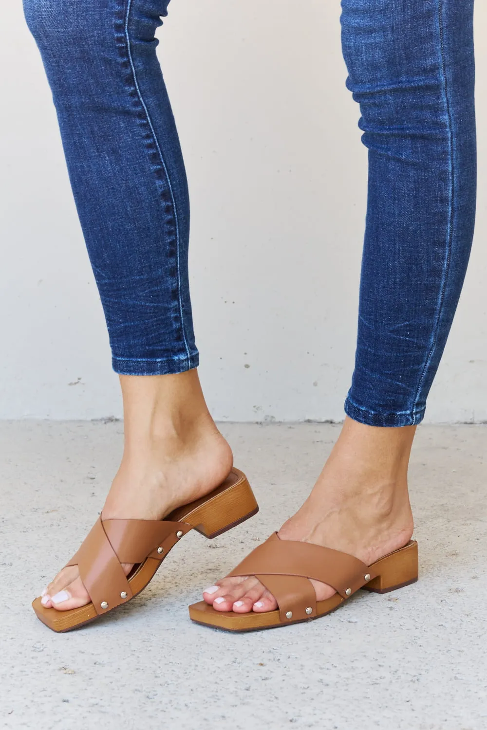 Step Into Summer Criss Cross Wooden Clog Mule in Brown, image 3