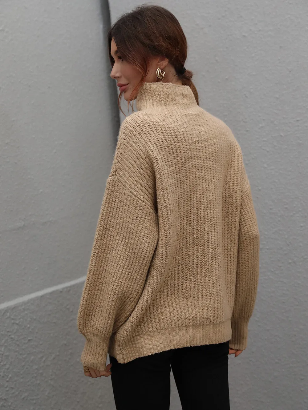 High Neck Balloon Sleeve Rib-Knit Pullover Sweater, image 8