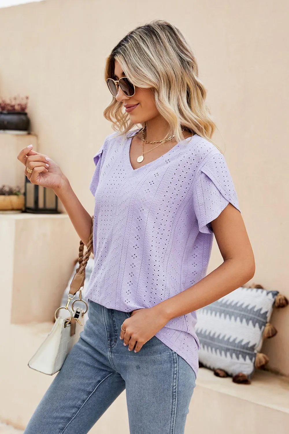 Eyelet Petal Sleeve V-Neck Knit Top, image 5