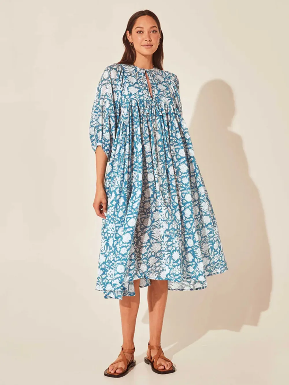 Floral Tie Neck Lantern Sleeve Dress, image 4