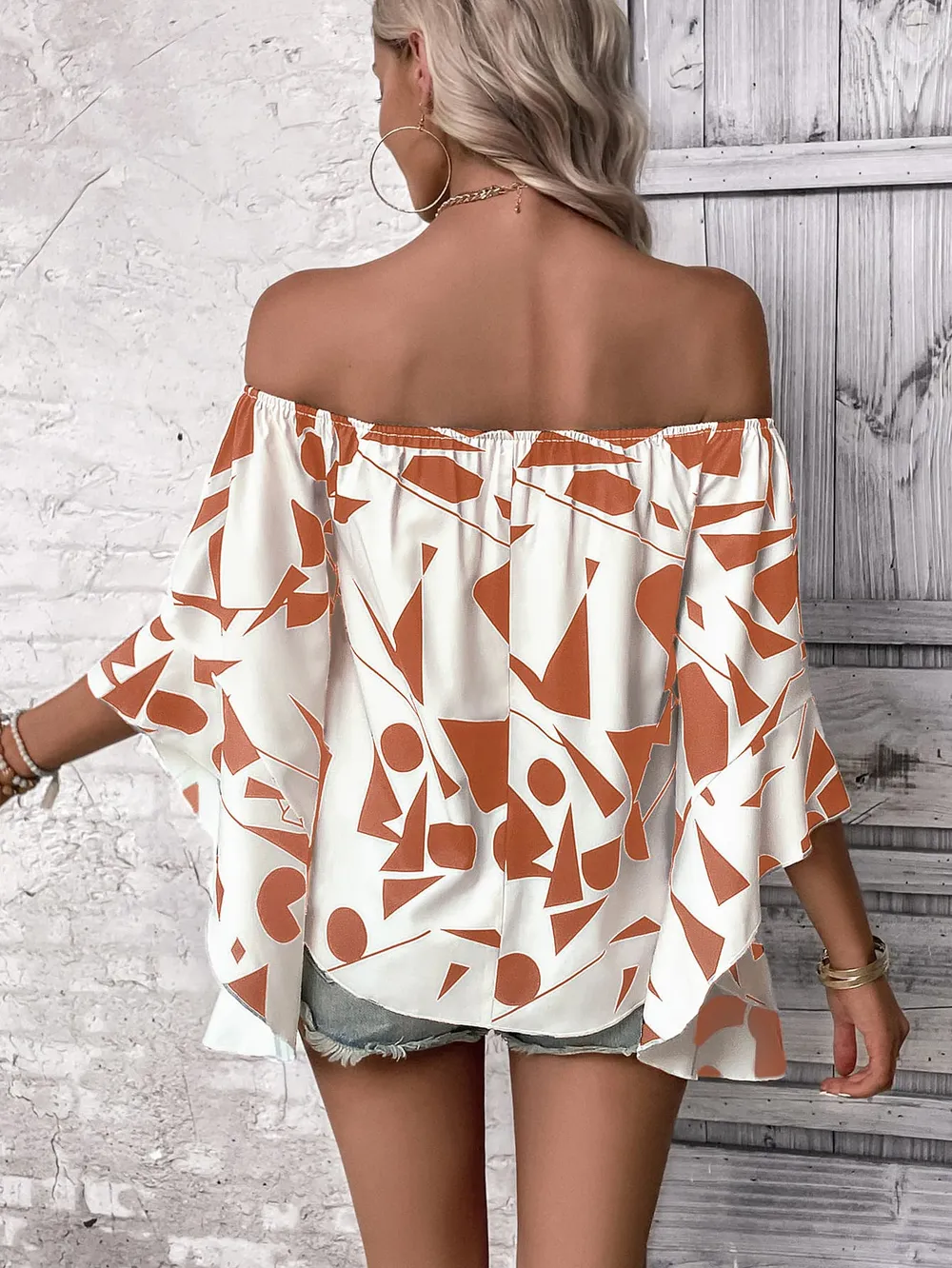 Printed Off-Shoulder Bell Sleeve Blouse, image 4