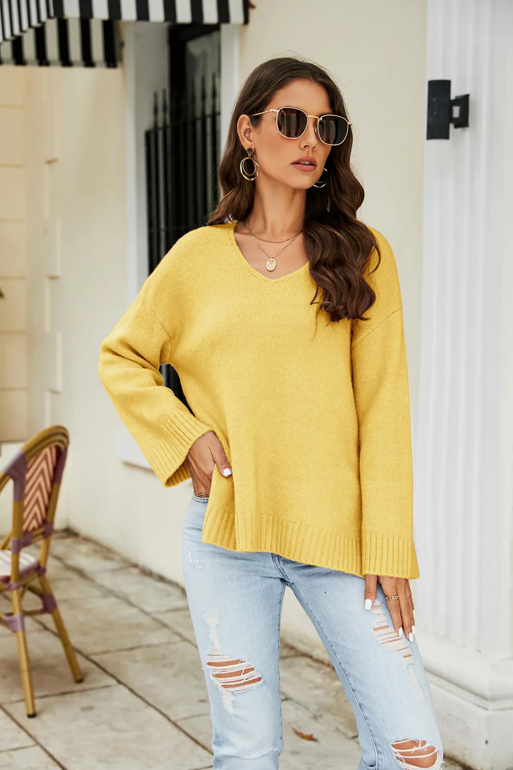 Drop Shoulder V-Neck Knit Pullover, image 2