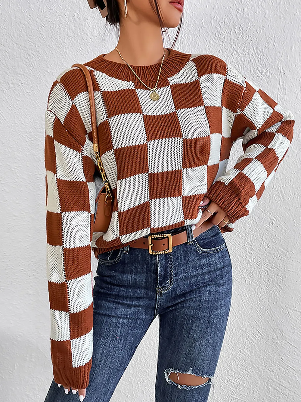 Checkered Round Neck Sweater, image 6