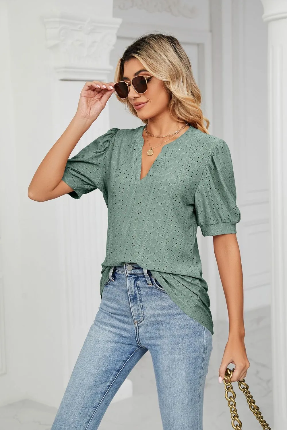 Eyelet Short Puff Sleeve Notched Neck Top, image 18