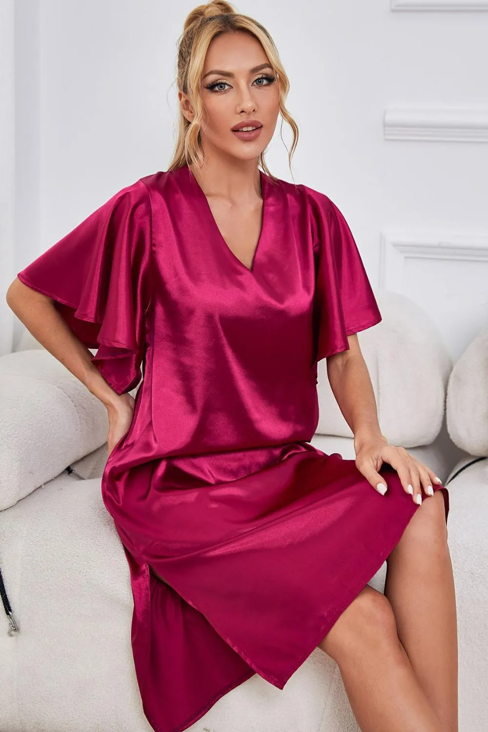 Satin Flutter Sleeve Side Slit V-Neck Night Dress, image 7