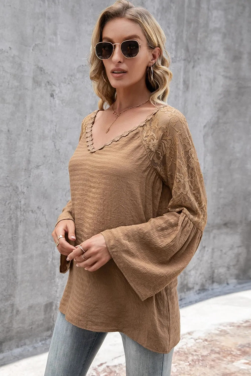 V-Neck Spliced Lace Flare Sleeve Top, image 5