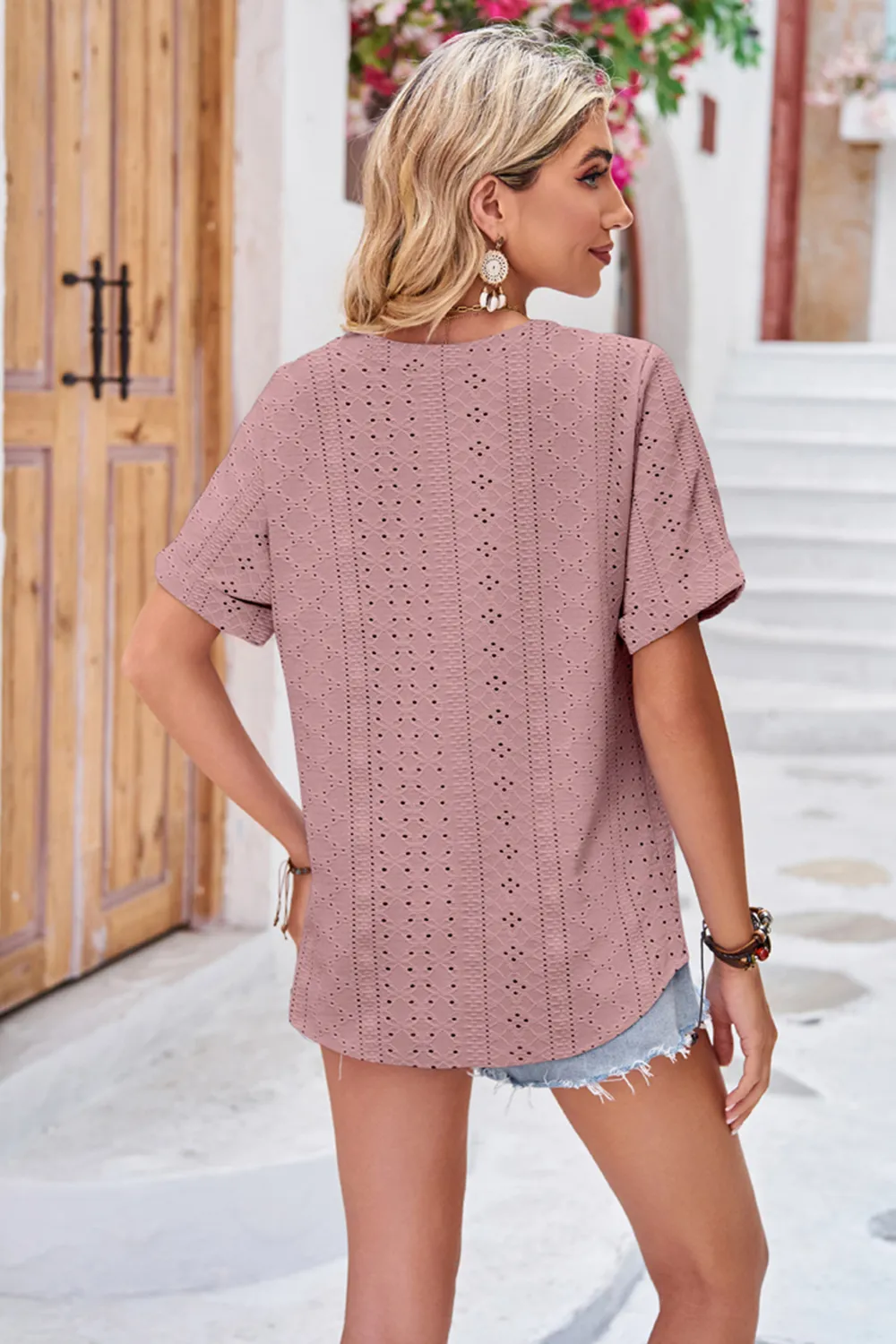 Buttoned Notched Neck Eyelet Top, image 12