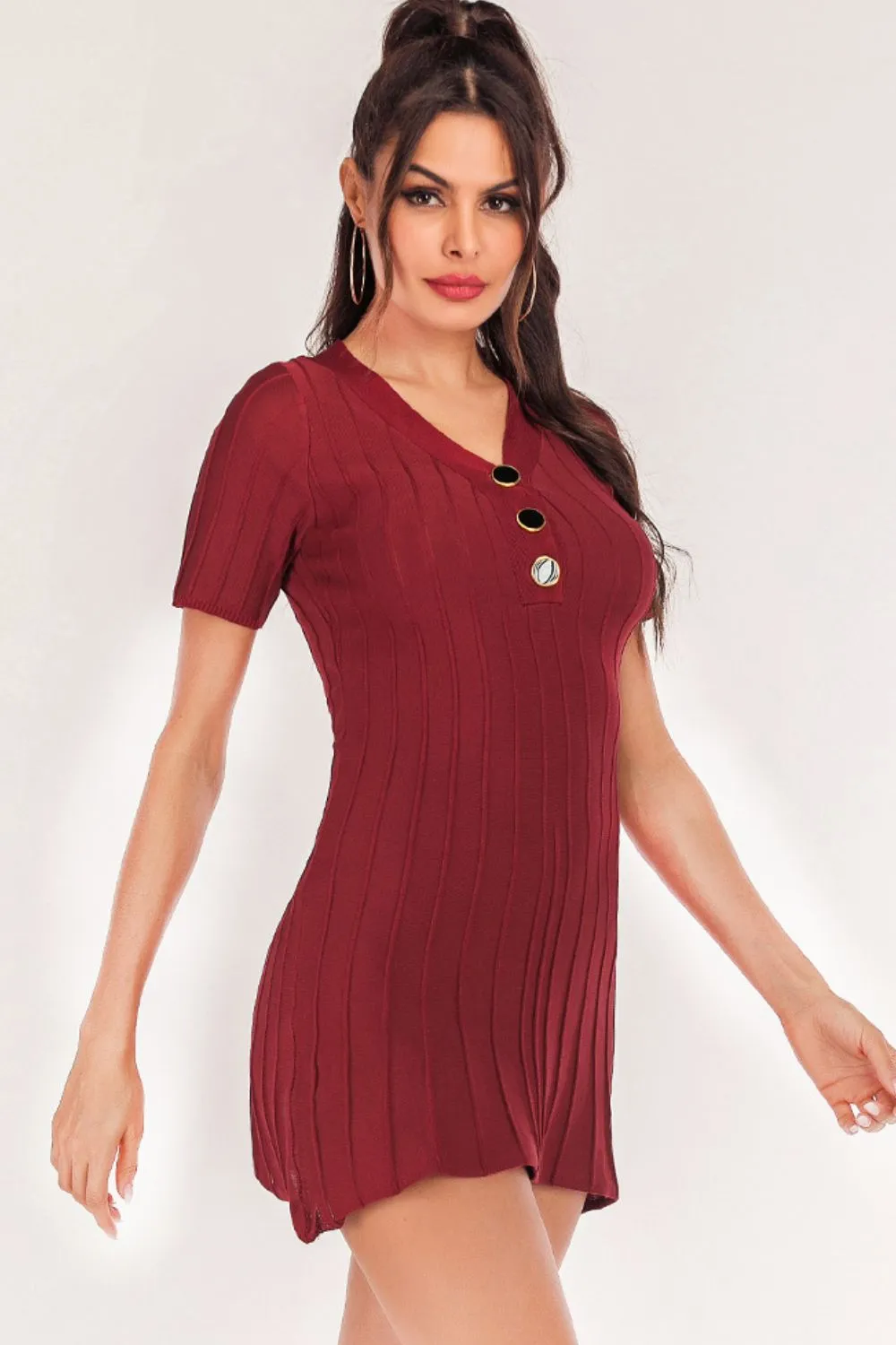Buttoned Short Sleeve V-Neck Knit Dress, image 3