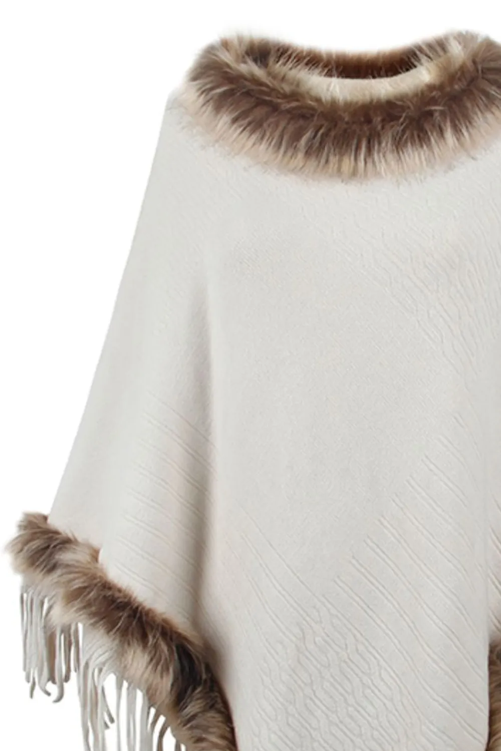 Faux Fur Trim Fringed Poncho, image 4