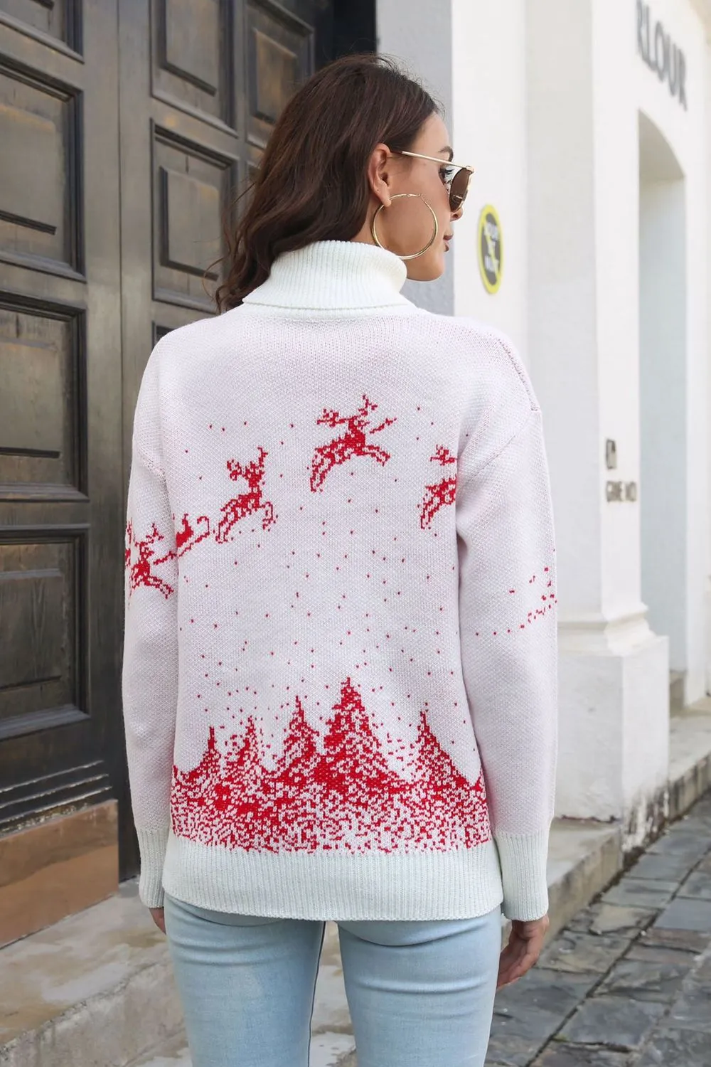 Reindeer & Snow Pattern Turtle Neck Pullover Sweater, image 10