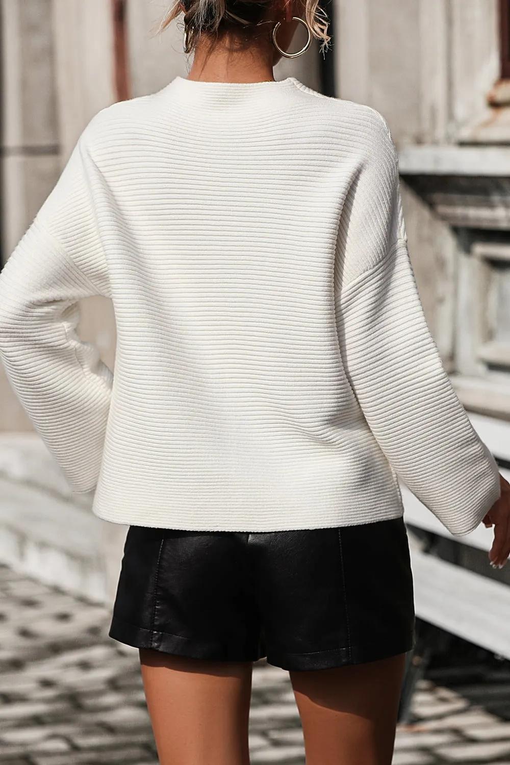 Mock Neck Dropped Shoulder Pullover Sweater, image 3