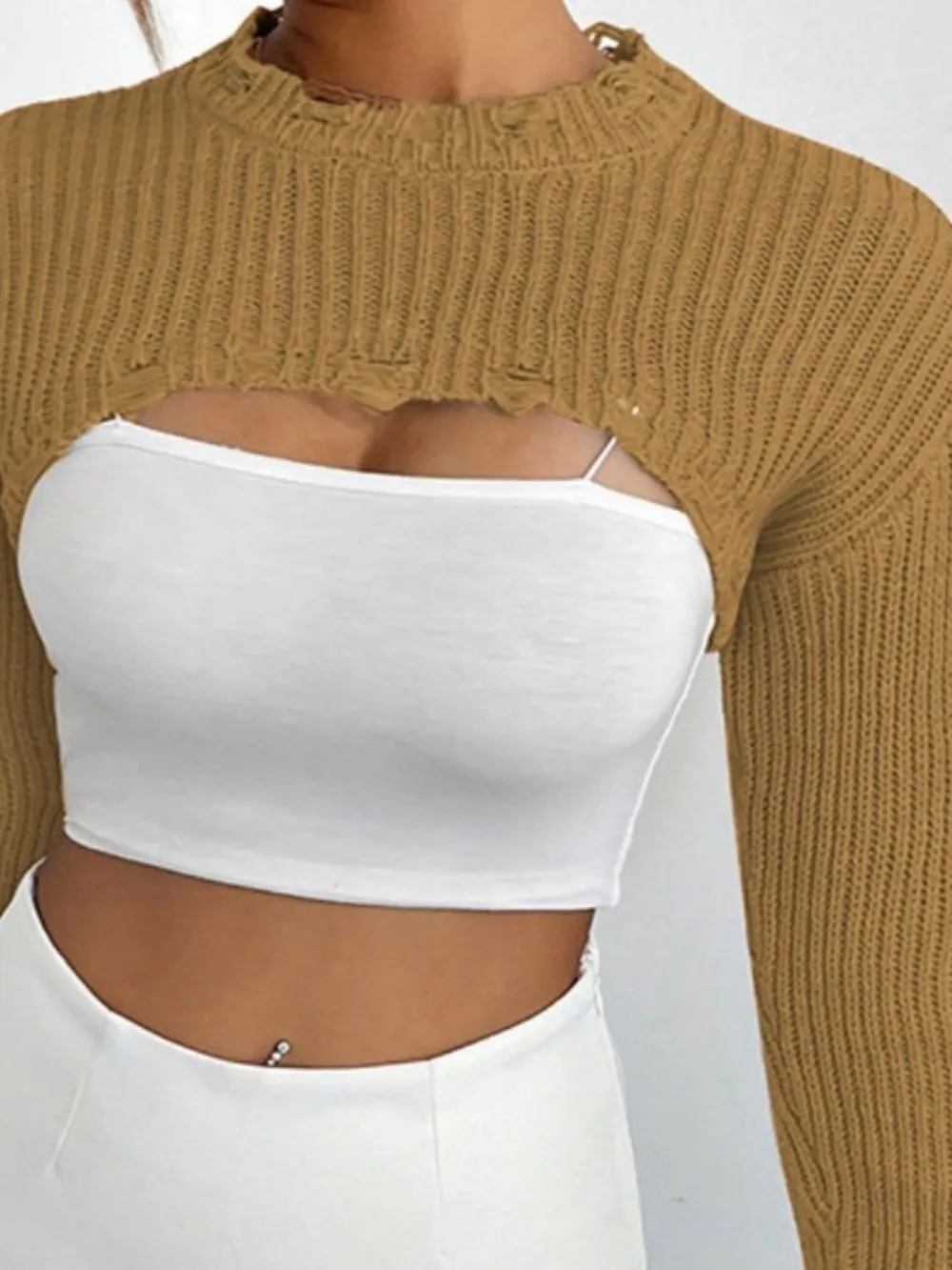 Distressed Long Sleeve Cropped Sweater, image 10