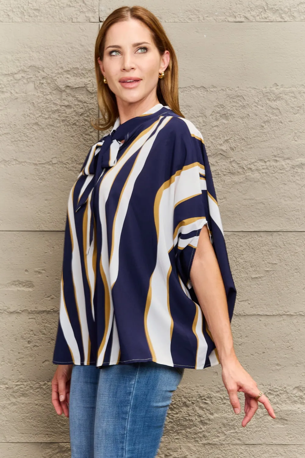Tie Neck Printed Slit Sleeve Blouse, image 2