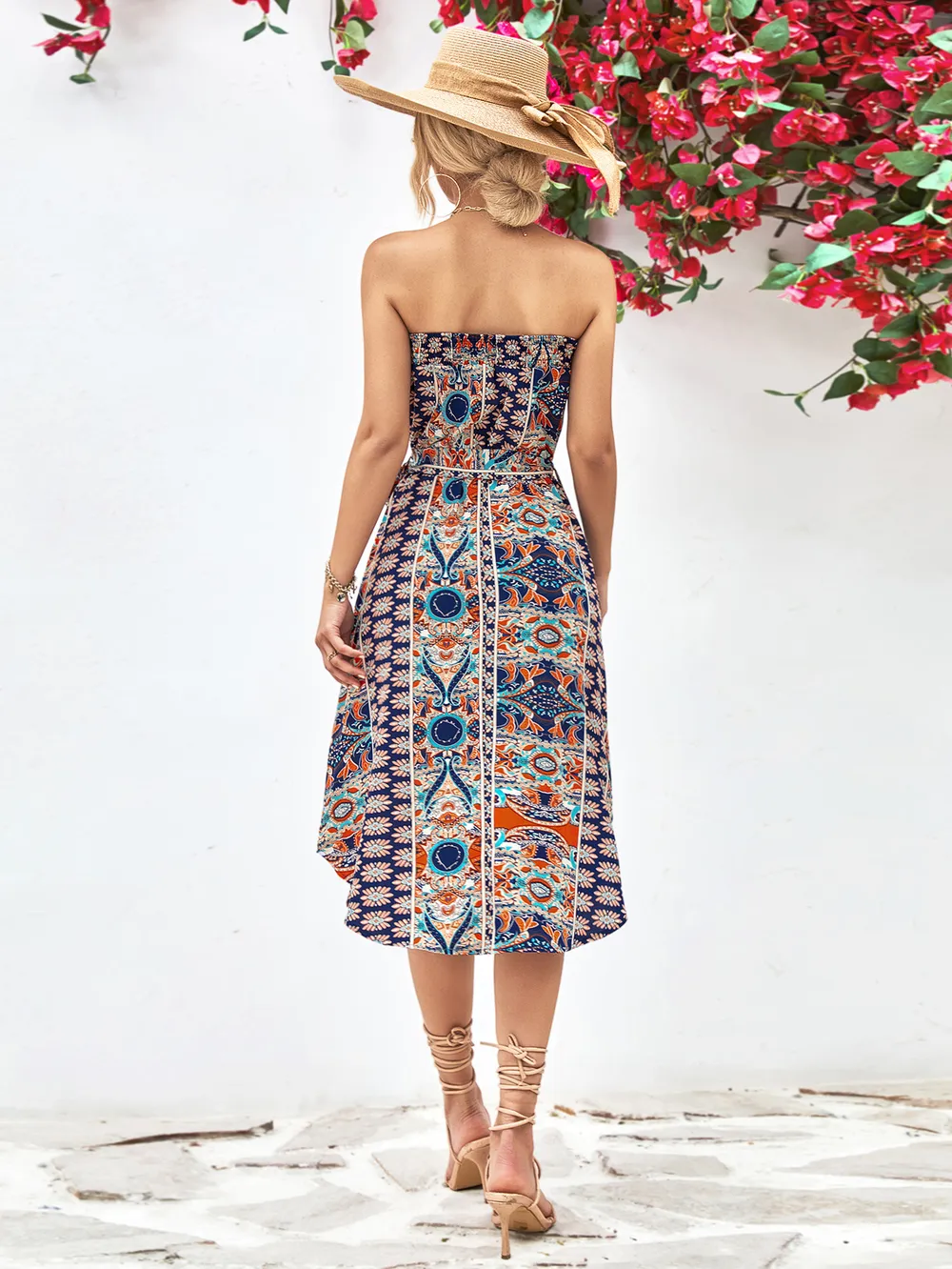 Printed Strapless Tie Belt Dress, image 5